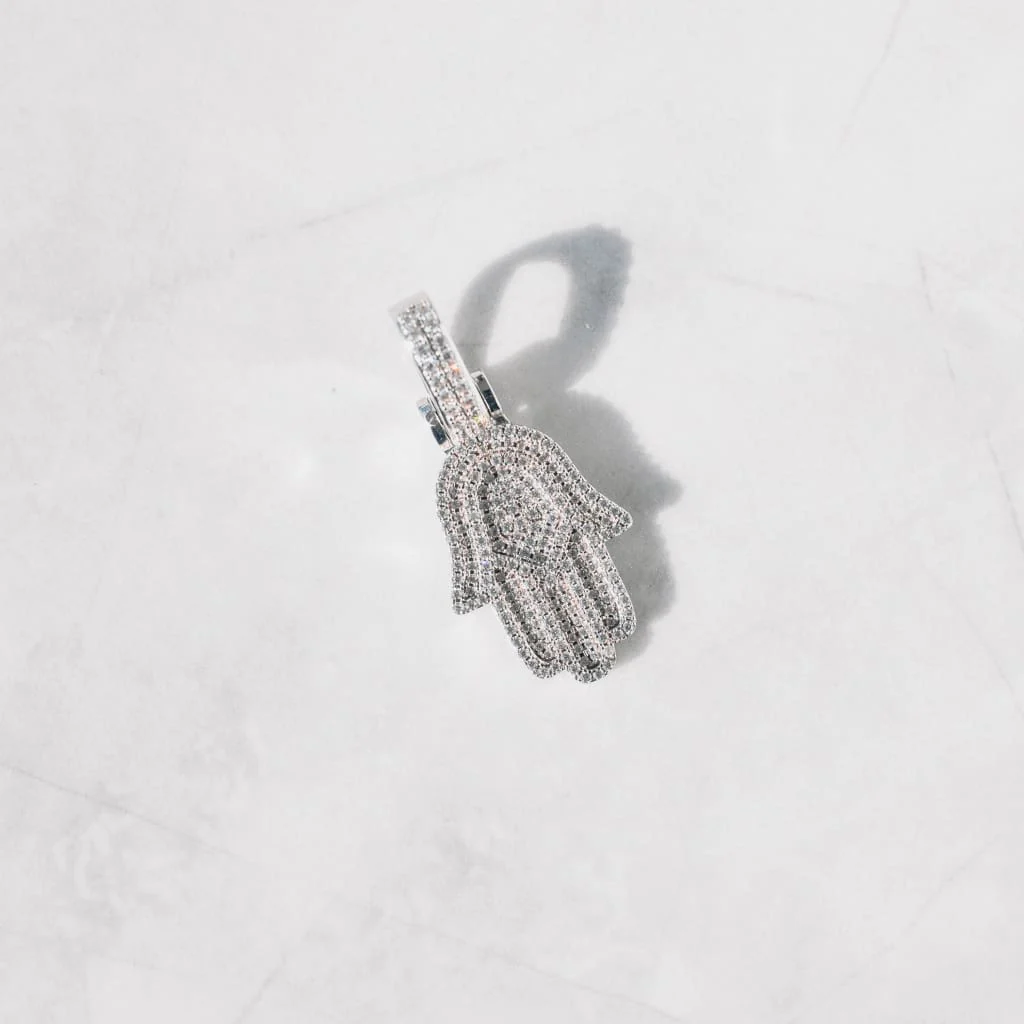 Hamsa Hand Anheng - 14K Hvit Gull (Liten)